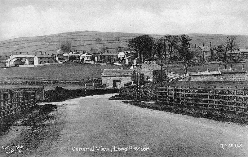 Long Preston from Bend Gate Road.JPG - Long Preston from the Bend Gate Road. The cottages on the right, were pulled down in 1939.